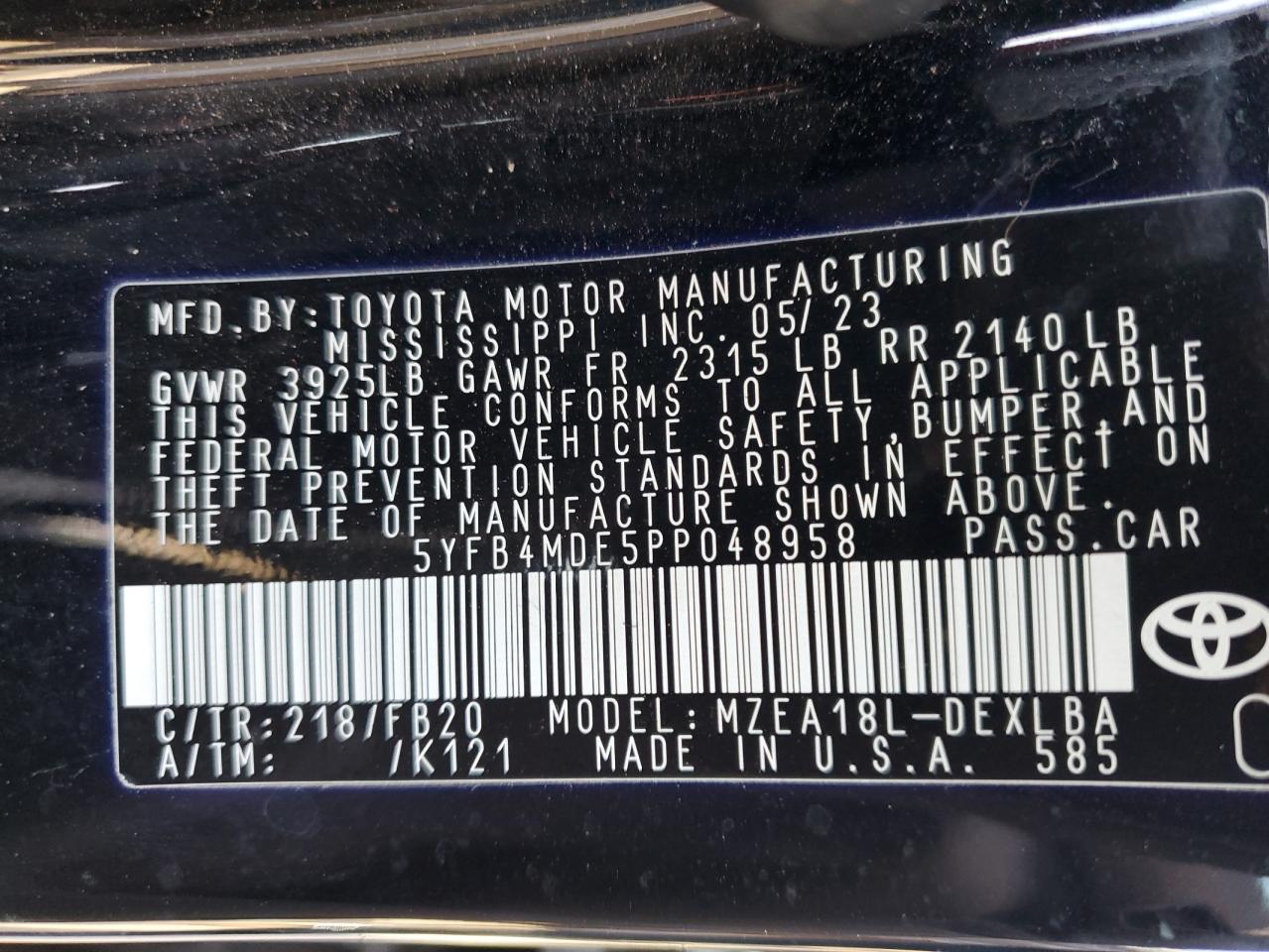 2023 TOYOTA COROLLA LE VIN:5YFB4MDE5PP048958
