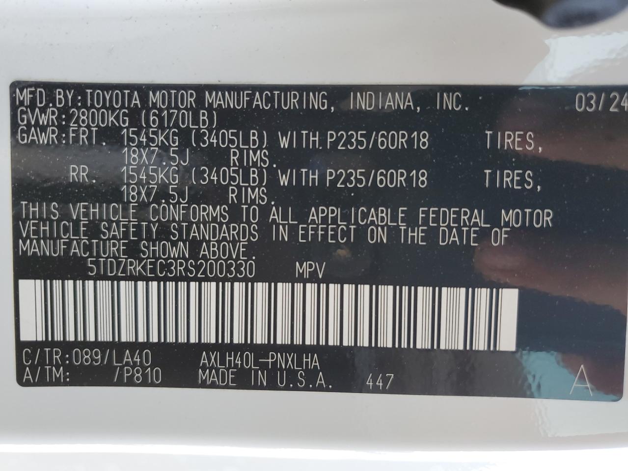 2024 TOYOTA SIENNA LIMITED VIN:5TDZRKEC3RS200330