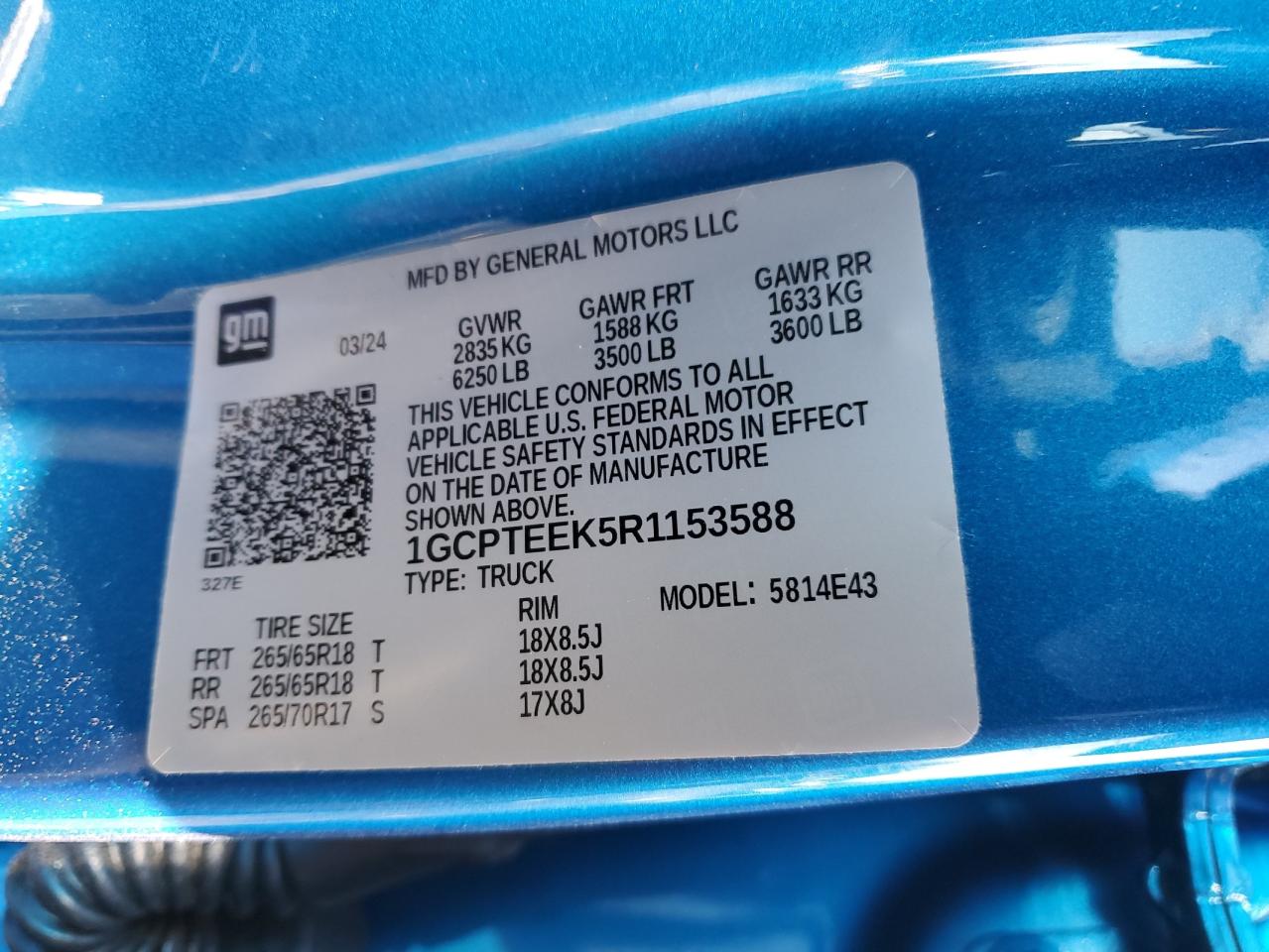 2024 CHEVROLET COLORADO TRAIL BOSS VIN:1GCPTEEK5R1153588