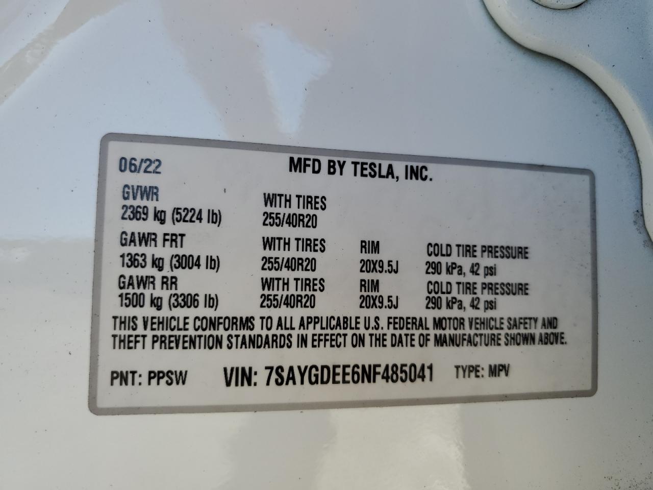 2022 TESLA MODEL Y  VIN:7SAYGDEE6NF485041