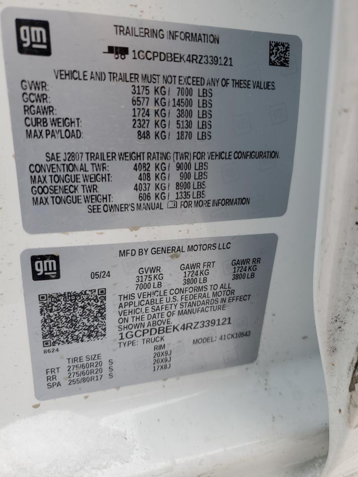 2024 CHEVROLET SILVERADO K1500 CUSTOM VIN:1GCPDBEK4RZ339121