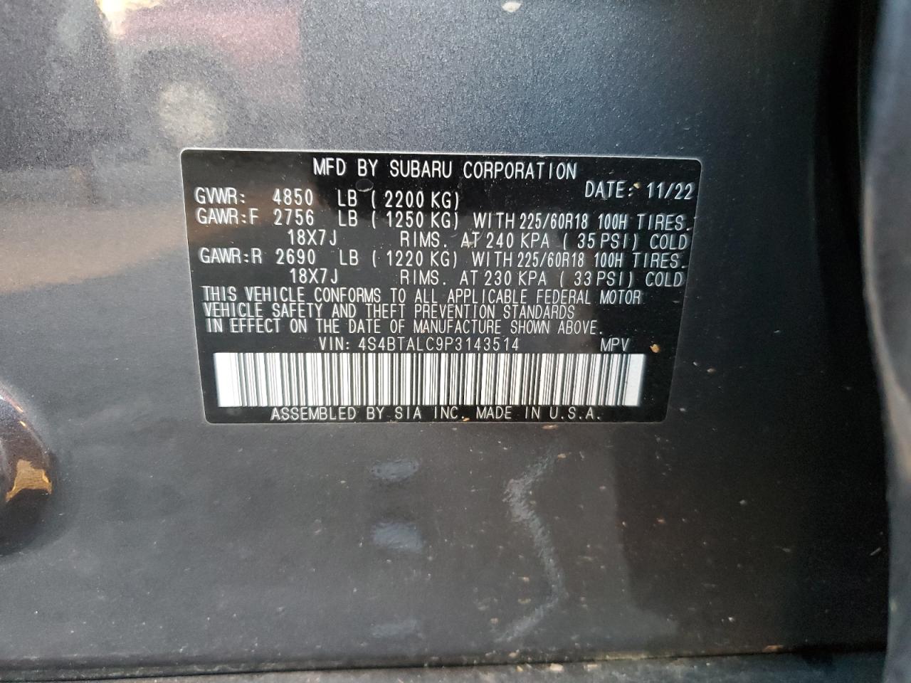 2023 SUBARU OUTBACK ONYX EDITION VIN:4S4BTALC9P3143514