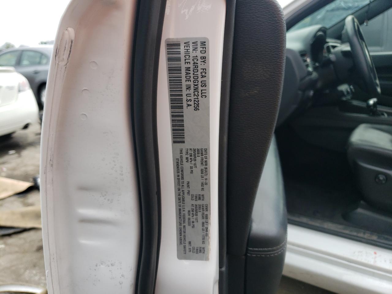 2022 DODGE DURANGO GT VIN:1C4RDJDGXNC212256