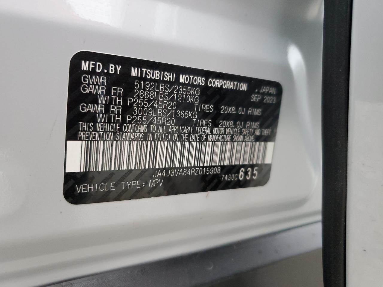 2024 MITSUBISHI OUTLANDER SE VIN:JA4J3VA84RZ015908