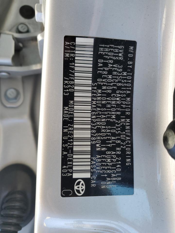 2022 TOYOTA COROLLA LE VIN:5YFEPMAE6NP378789
