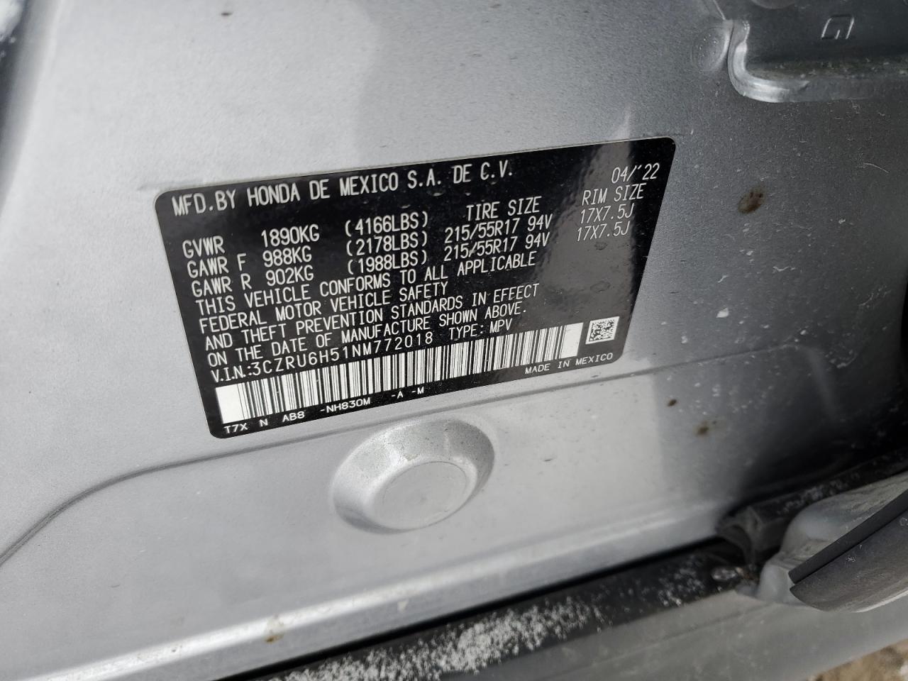 2022 HONDA HR-V EX VIN:3CZRU6H51NM772018