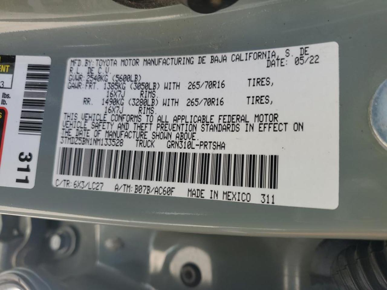 2022 TOYOTA TACOMA DOUBLE CAB VIN:3TMDZ5BN1NM133528