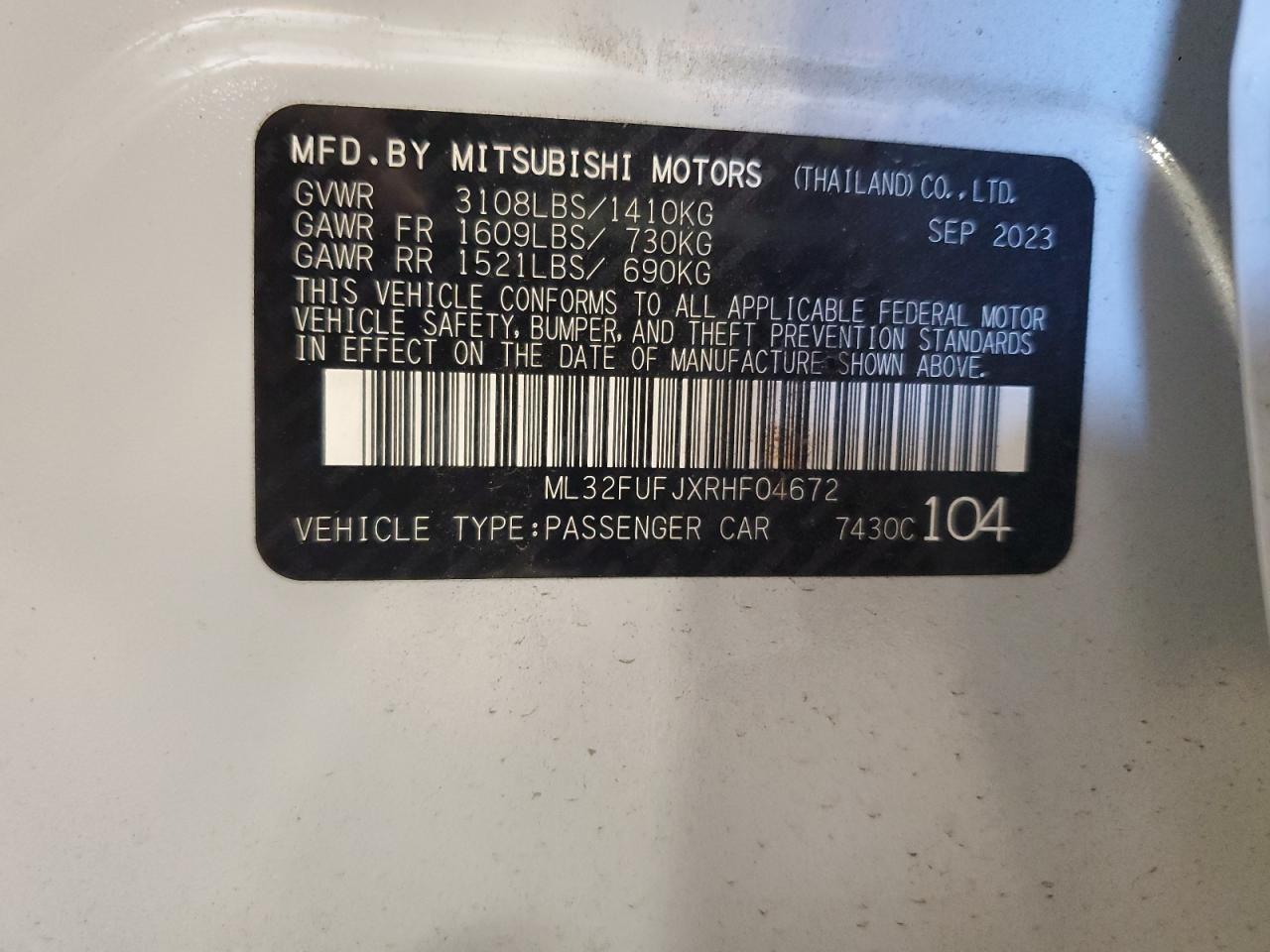 2024 MITSUBISHI MIRAGE G4 ES VIN:ML32FUFJXRHF04672