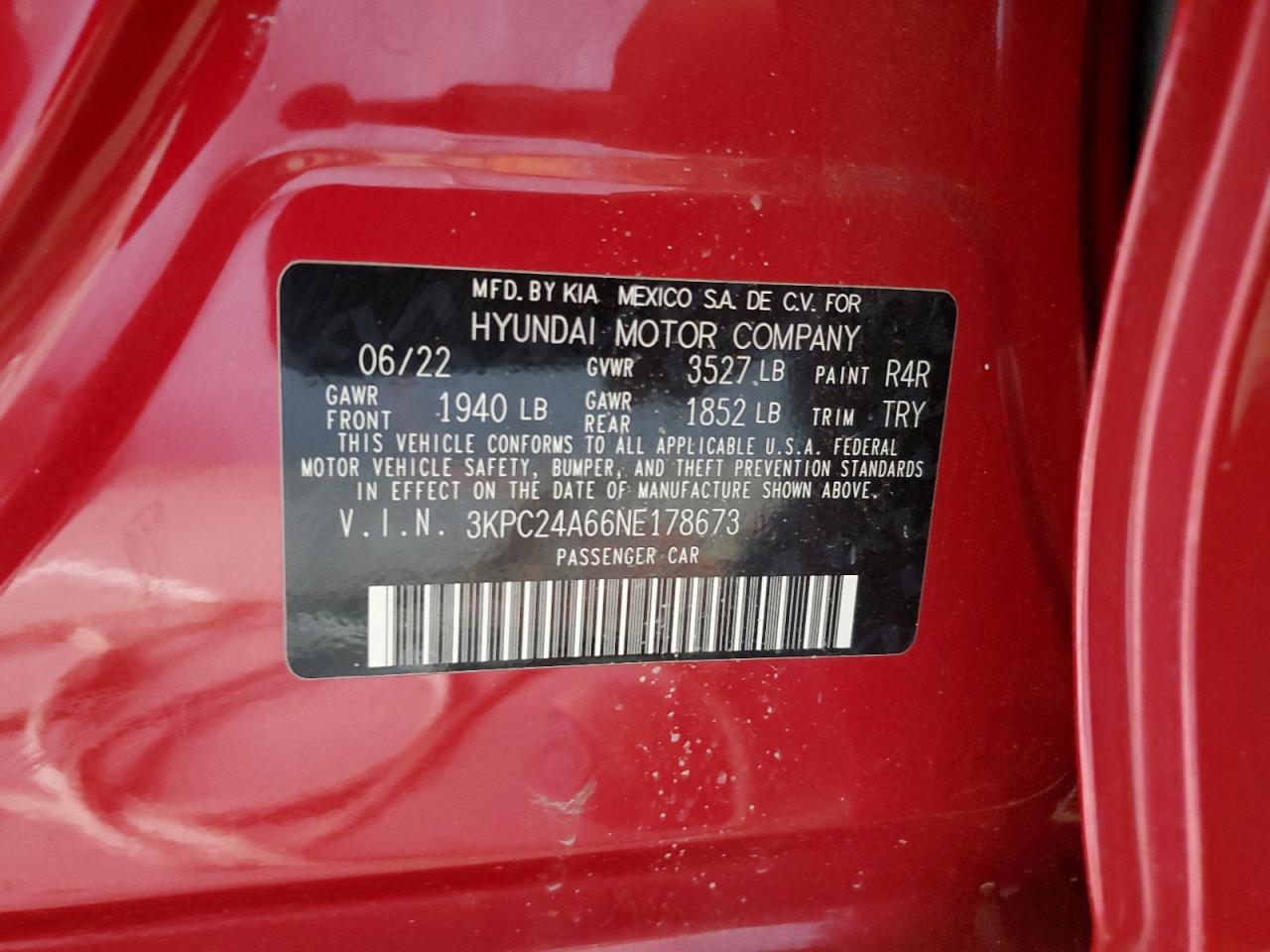 2022 HYUNDAI ACCENT SE VIN:3KPC24A66NE178673