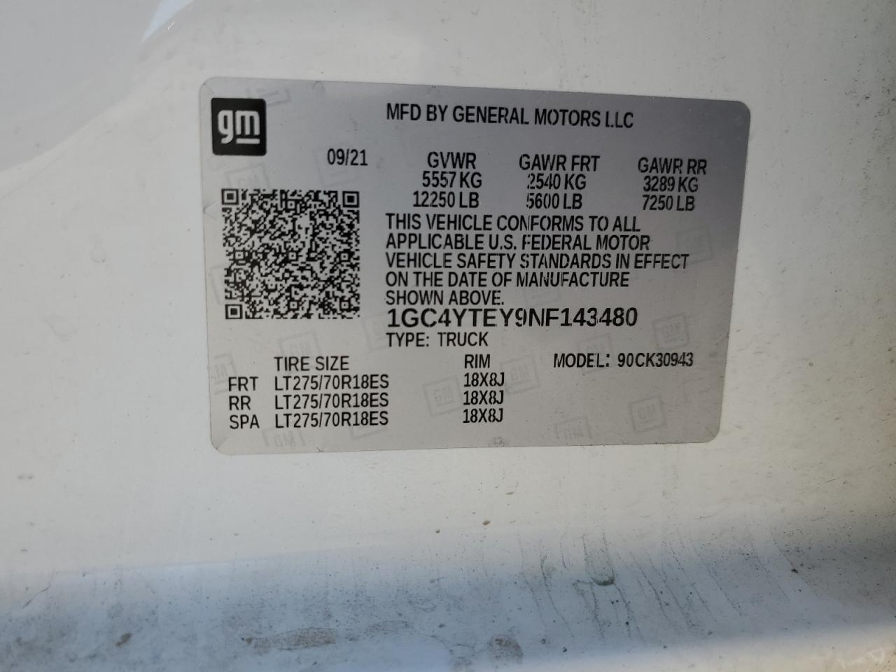 2022 CHEVROLET SILVERADO K3500 LT VIN:1GC4YTEY9NF143480