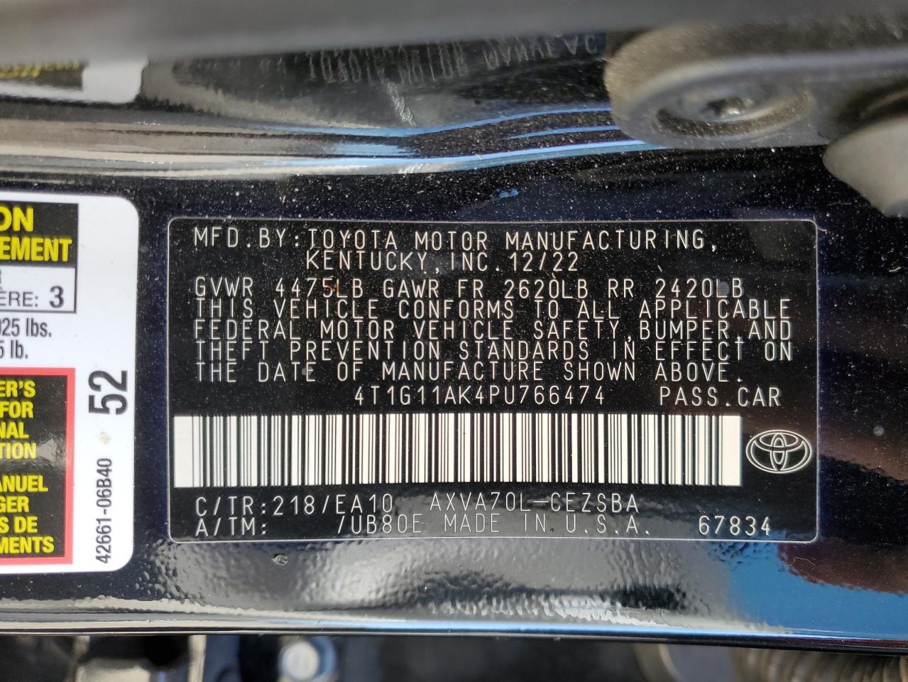 2023 TOYOTA CAMRY SE NIGHT SHADE VIN:4T1G11AK4PU766474