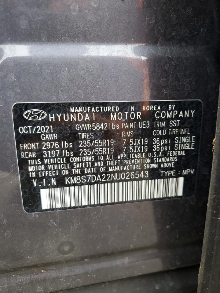 2022 HYUNDAI SANTA FE LIMITED VIN:KM8S7DA22NU026543