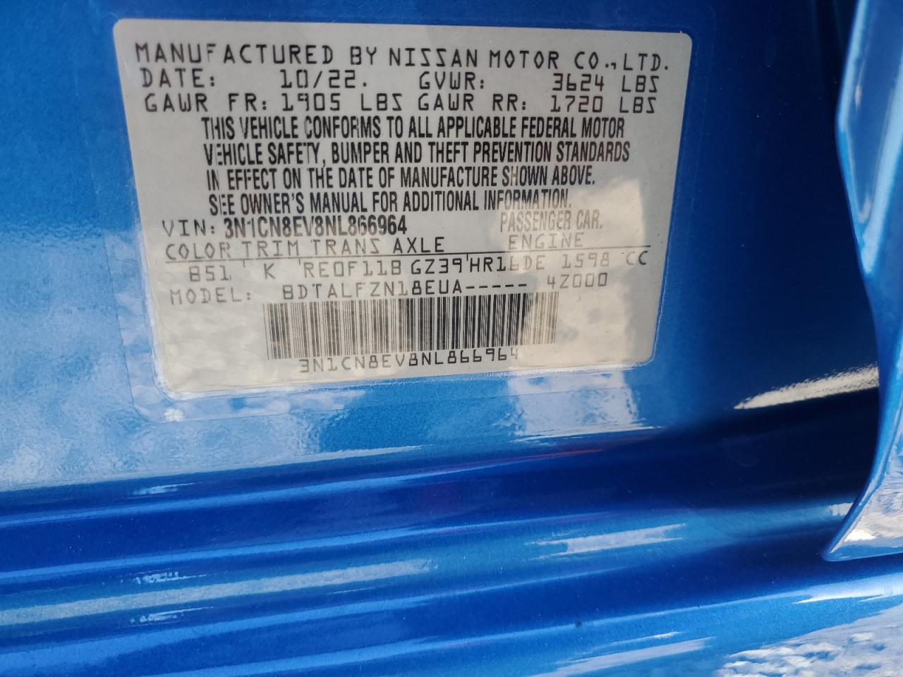 2022 NISSAN VERSA SV VIN:3N1CN8EV8NL866964