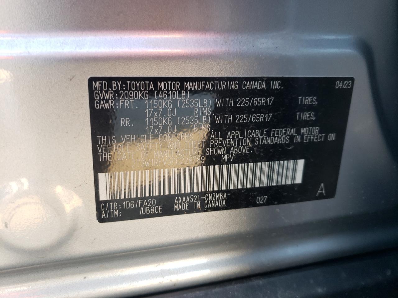 2023 TOYOTA RAV4 XLE VIN:2T3W1RFV5PC228789