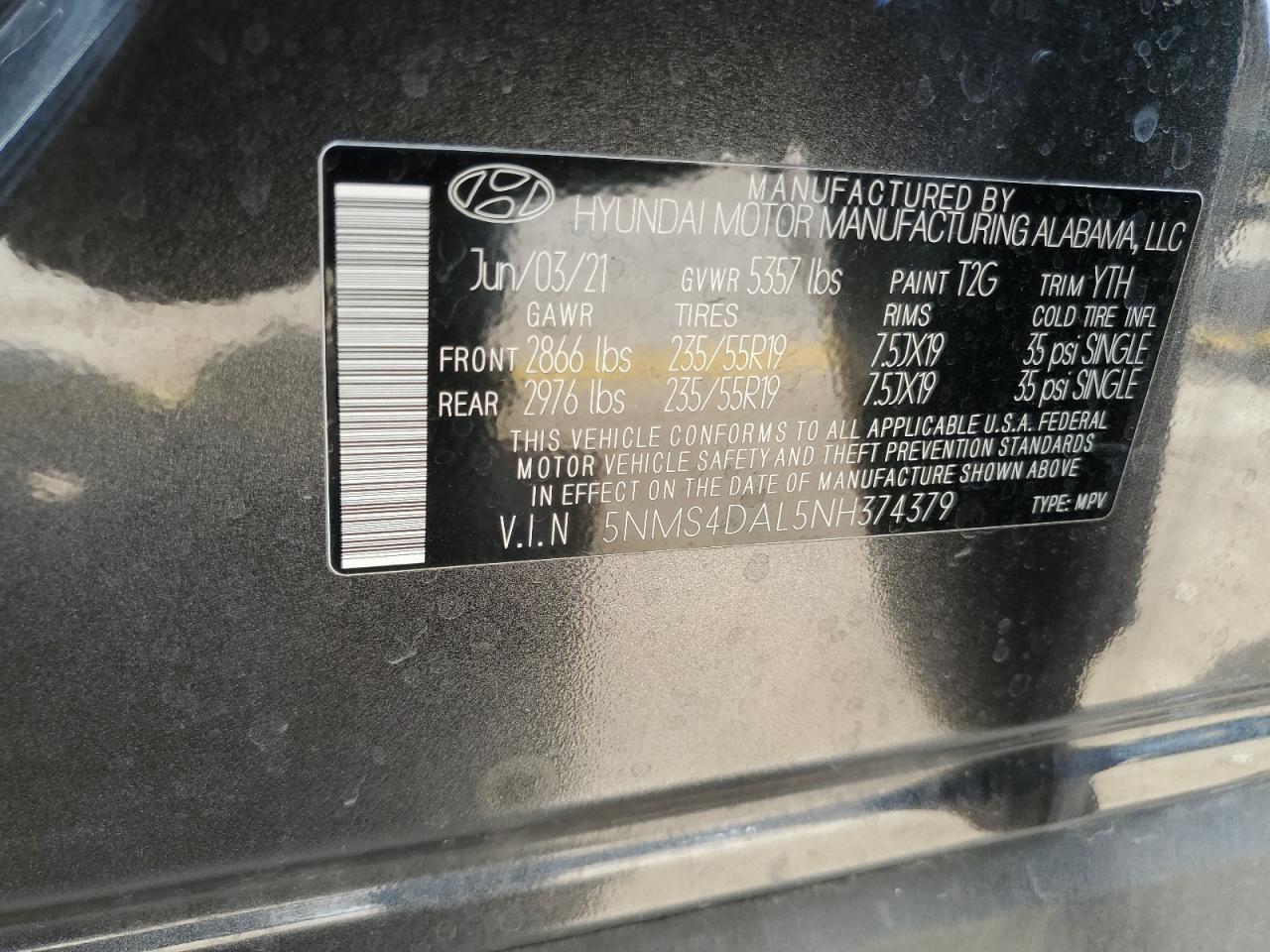 2022 HYUNDAI SANTA FE LIMITED VIN:5NMS4DAL5NH374379