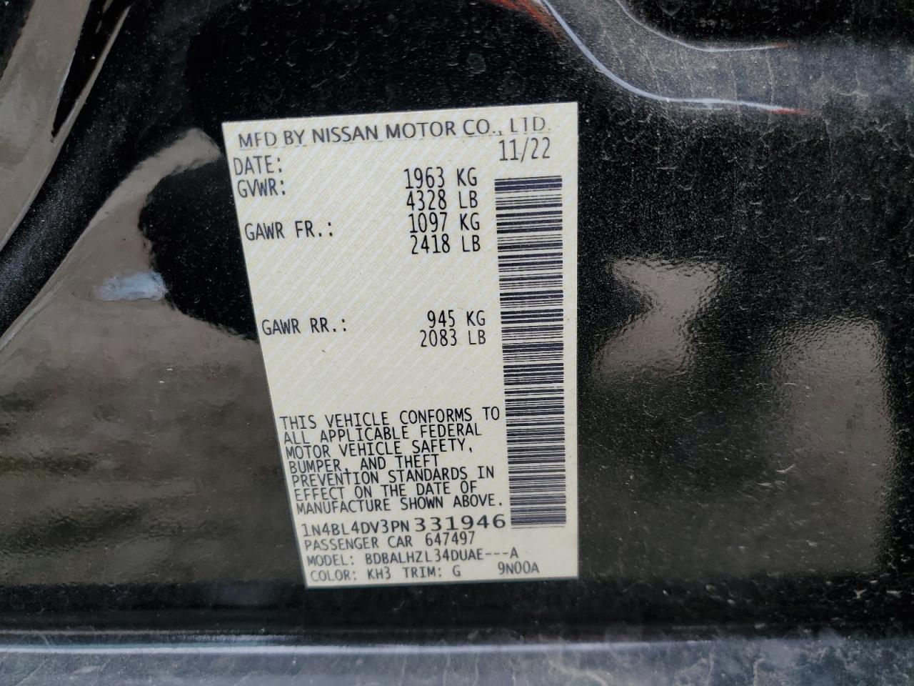 2023 NISSAN ALTIMA SV VIN:1N4BL4DV3PN331946