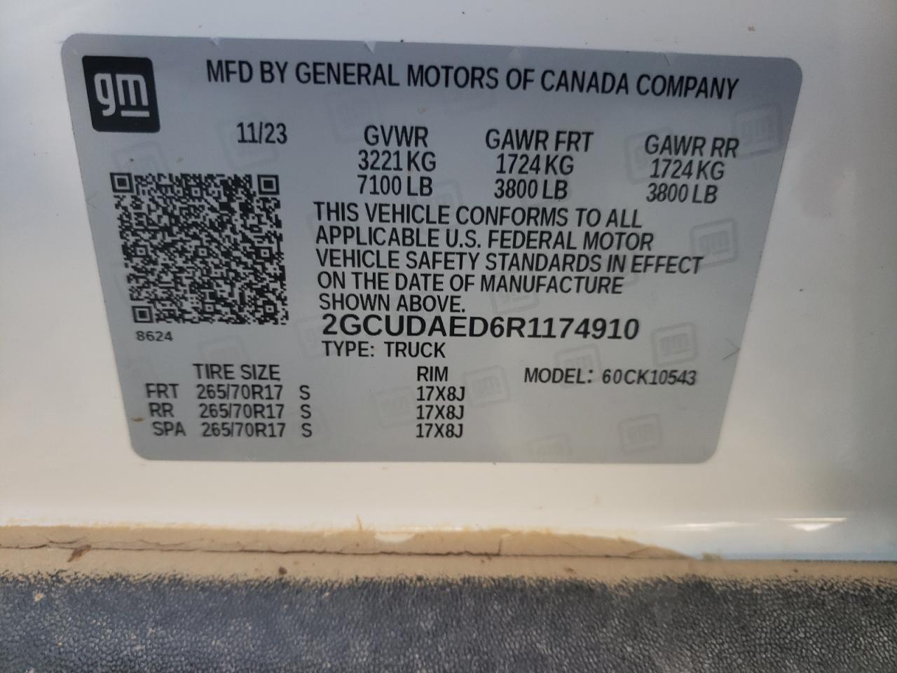 2024 CHEVROLET SILVERADO K1500 VIN:2GCUDAED6R1174910