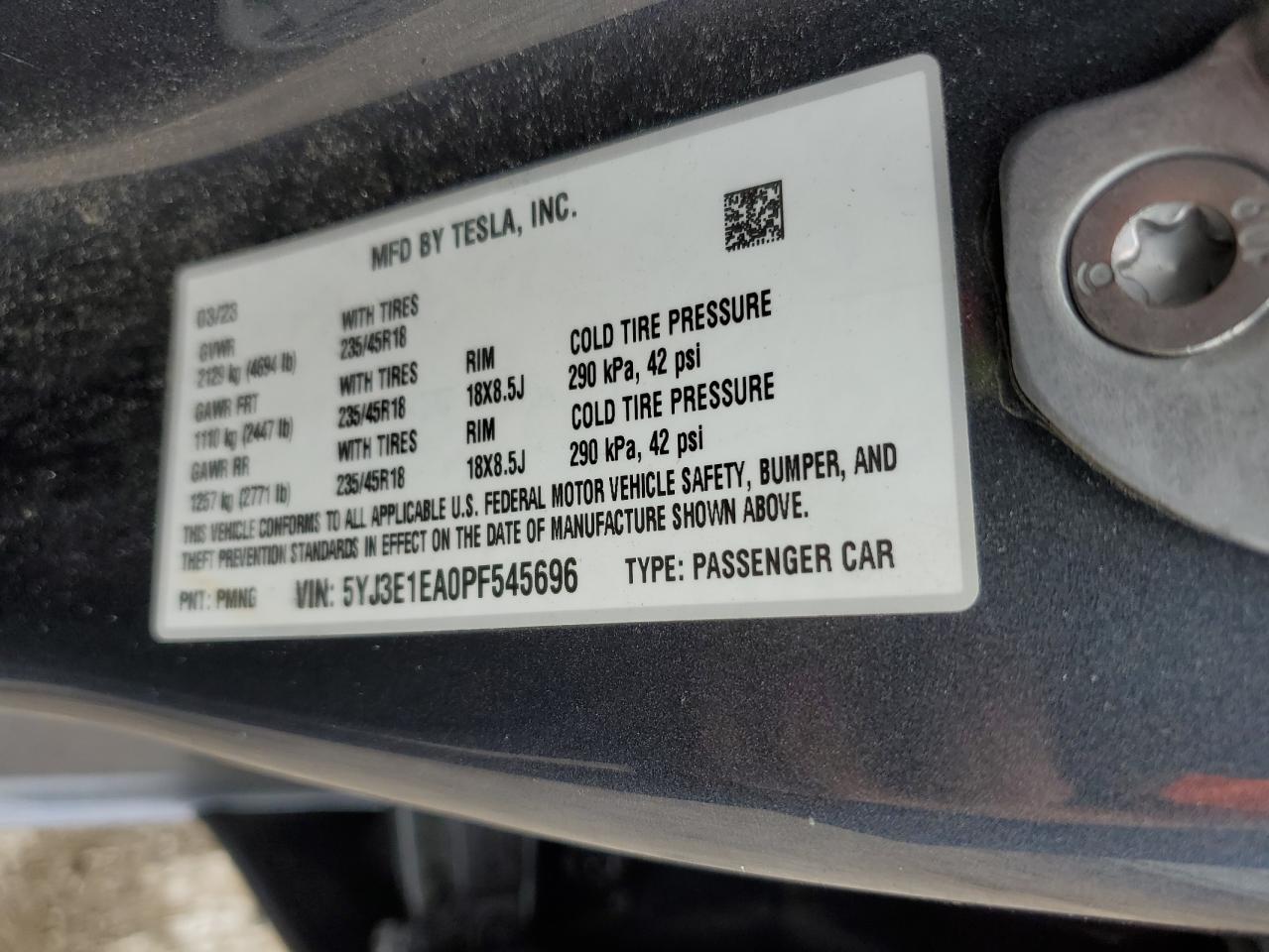 2023 TESLA MODEL 3  VIN:5YJ3E1EA0PF545696