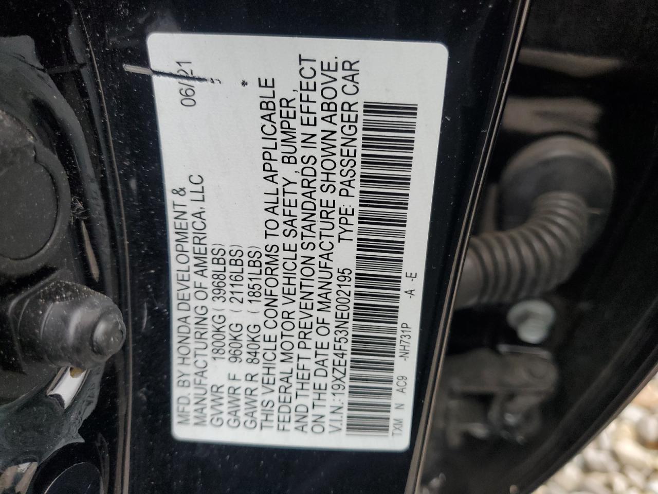 2022 HONDA INSIGHT EX VIN:19XZE4F53NE002195