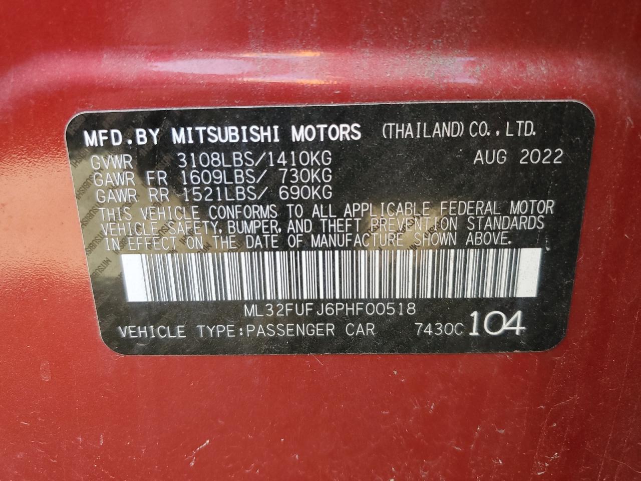 2023 MITSUBISHI MIRAGE G4 ES VIN:ML32FUFJ6PHF00518