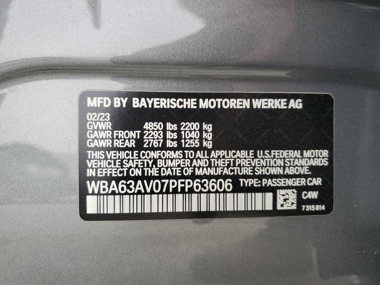 2023 BMW 430I GRAN COUPE VIN:WBA63AV07PFP63606