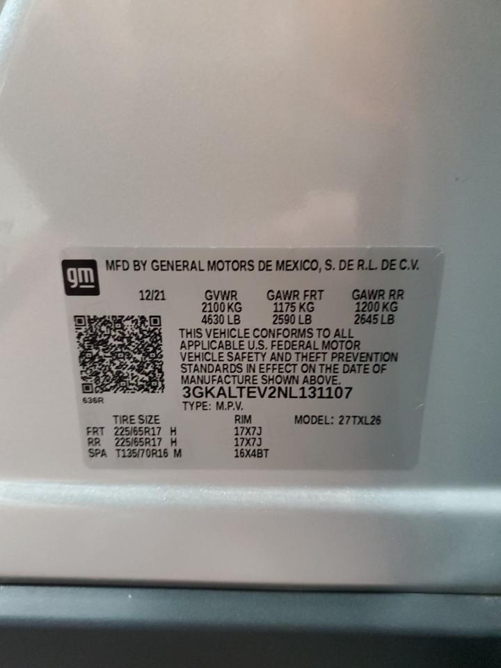 2022 GMC TERRAIN SLE VIN:3GKALTEV2NL131107