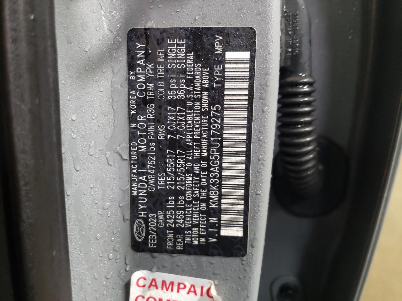 2023 HYUNDAI KONA SEL VIN:KM8K33AG5PU179275