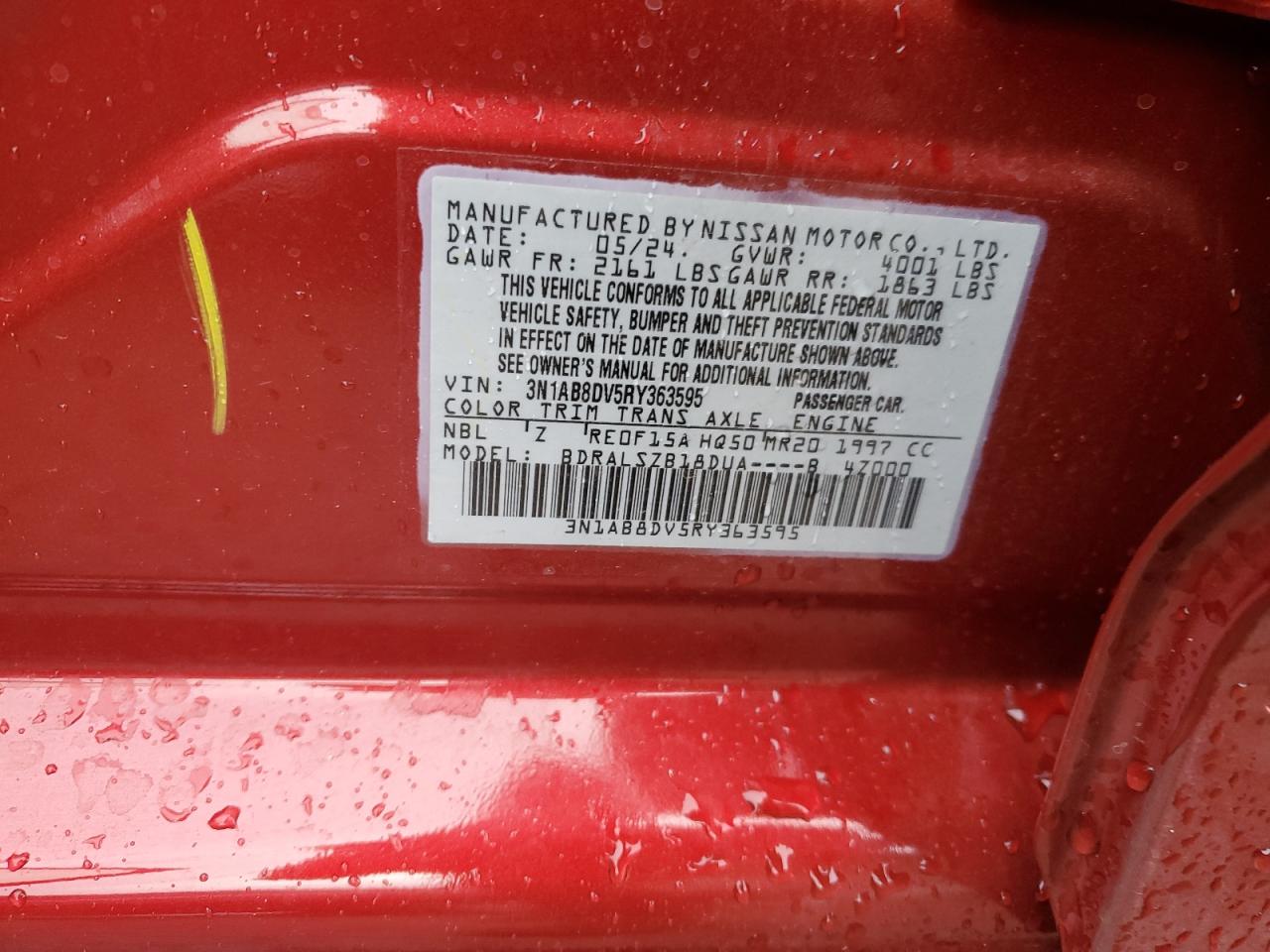 2024 NISSAN SENTRA SR VIN:3N1AB8DV5RY363595