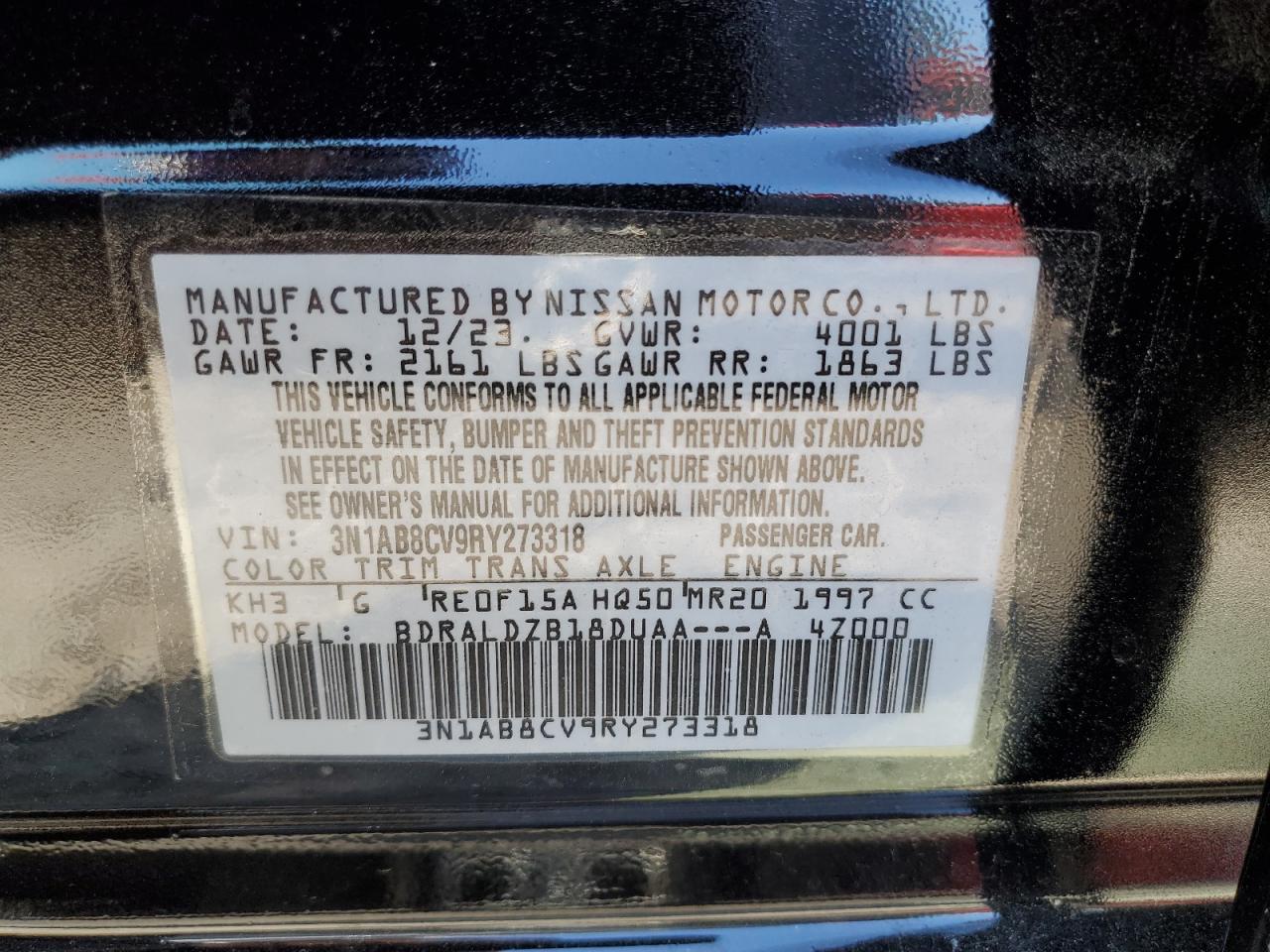 2024 NISSAN SENTRA SV VIN:3N1AB8CV9RY273318