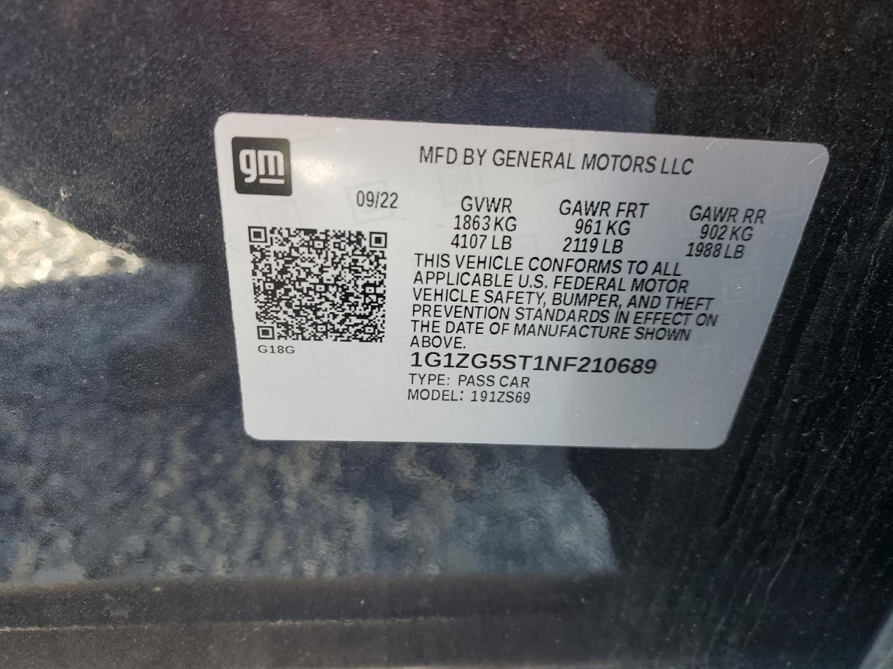 2022 CHEVROLET MALIBU RS VIN:1G1ZG5ST1NF210689