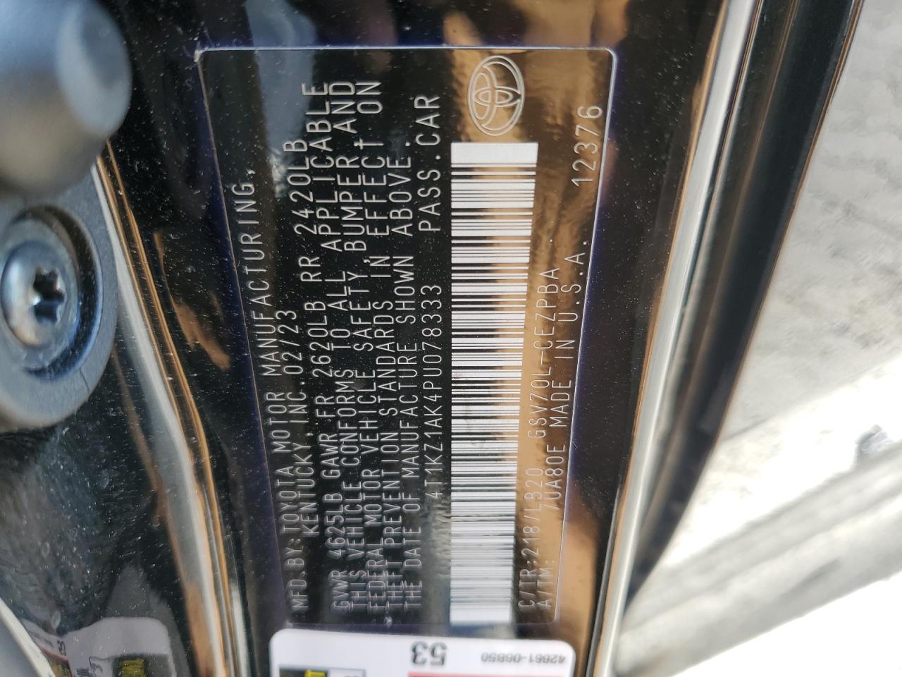 2023 TOYOTA CAMRY TRD VIN:4T1KZ1AK4PU078333