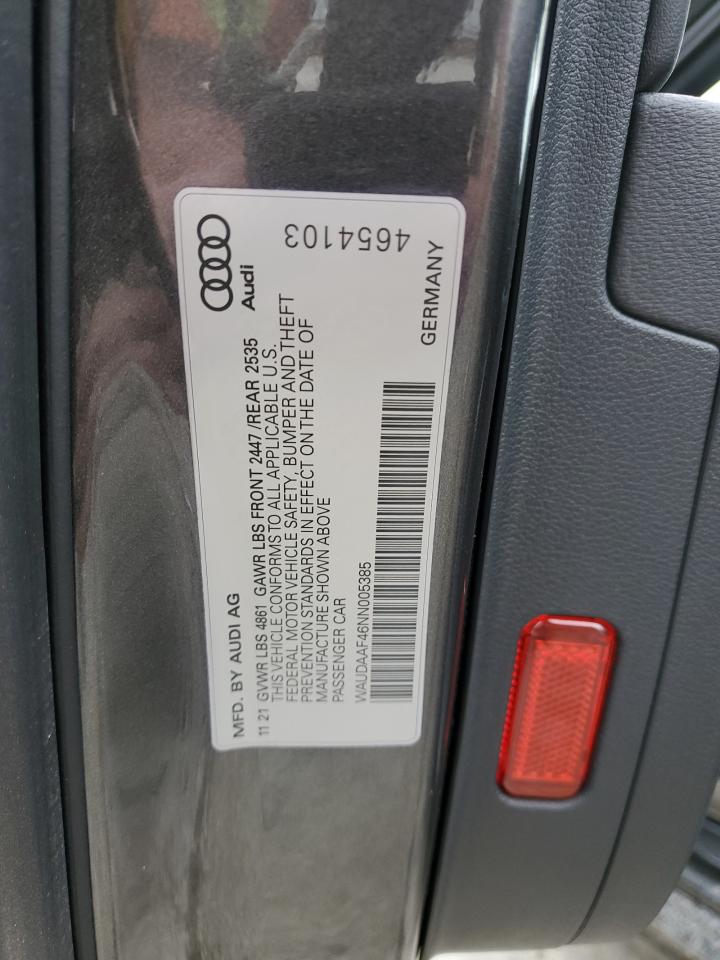 2022 AUDI A4 PREMIUM 45 VIN:WAUDAAF46NN005385