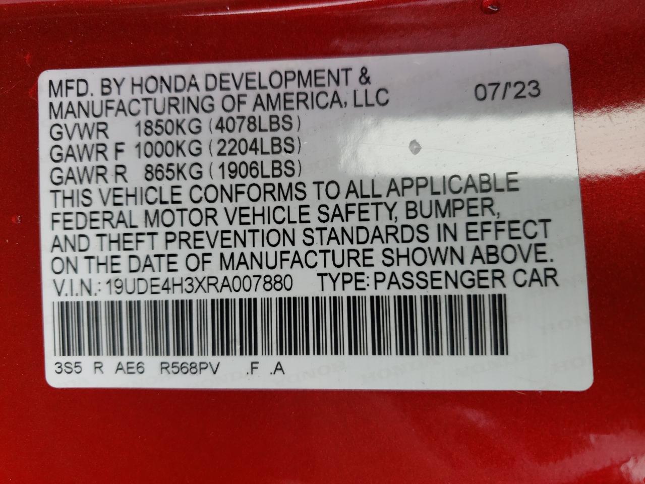 2024 ACURA INTEGRA A-SPEC VIN:19UDE4H3XRA007880