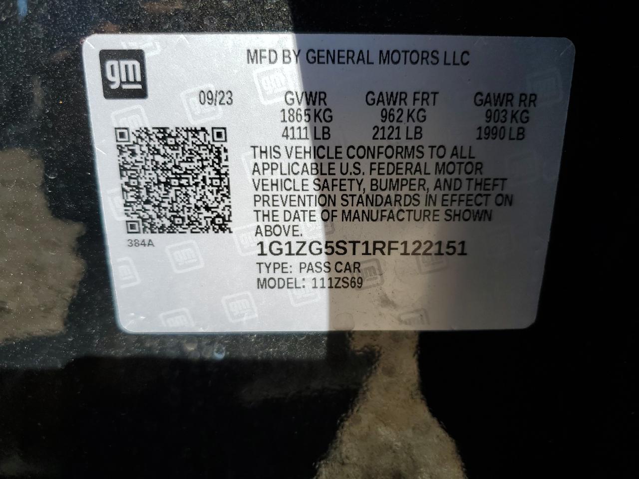 2024 CHEVROLET MALIBU RS VIN:1G1ZG5ST1RF122151