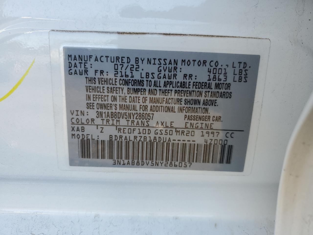 2022 NISSAN SENTRA SR VIN:3N1AB8DV5NY286057