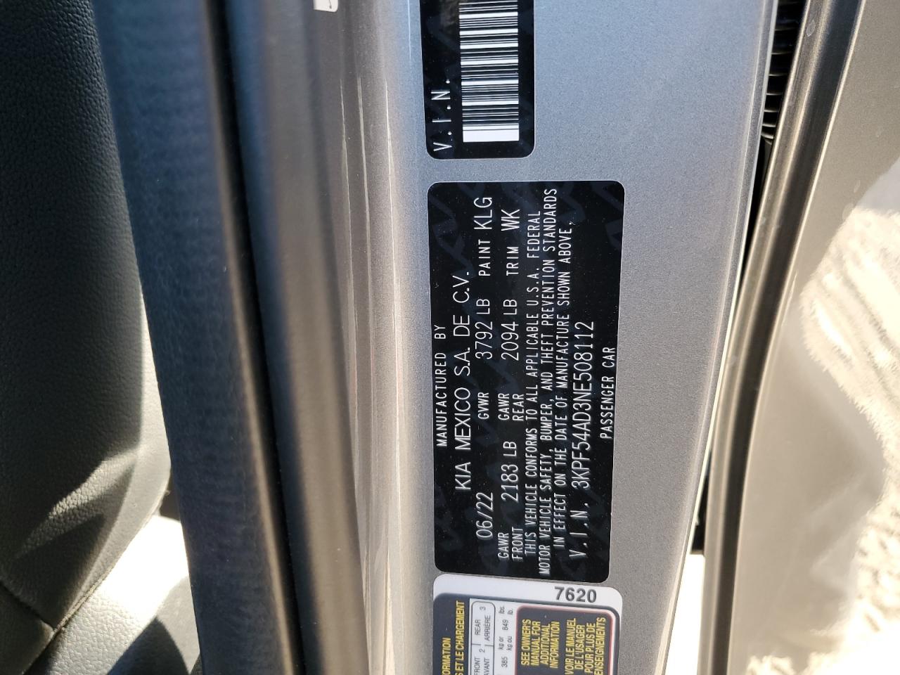 2022 KIA FORTE GT LINE VIN:3KPF54AD3NE508112