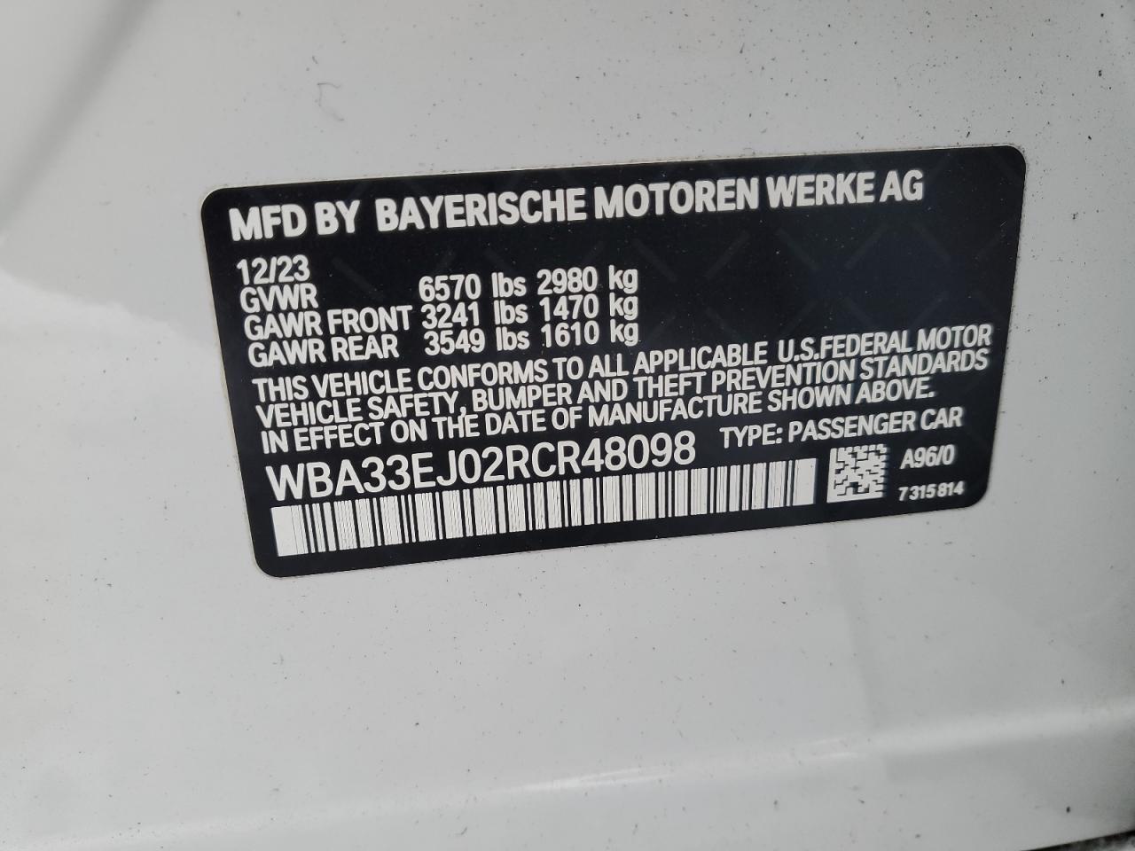 2024 BMW 760 XI VIN:WBA33EJ02RCR48098