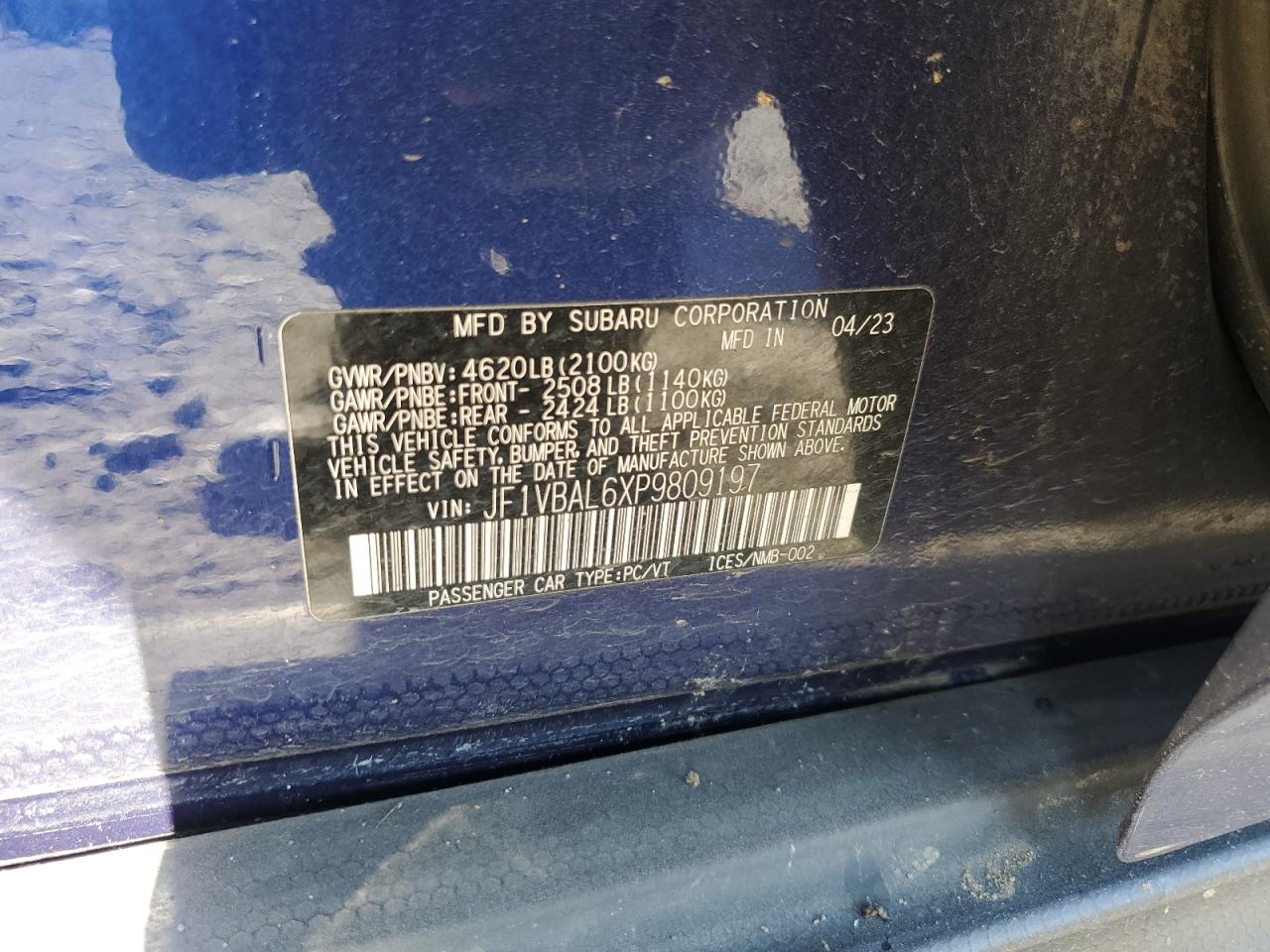 2023 SUBARU WRX LIMITED VIN:JF1VBAL6XP9809197