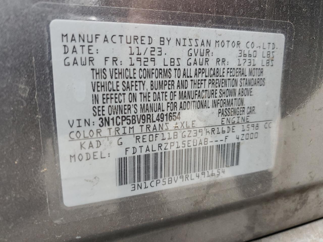 2024 NISSAN KICKS S VIN:3N1CP5BV9RL491654