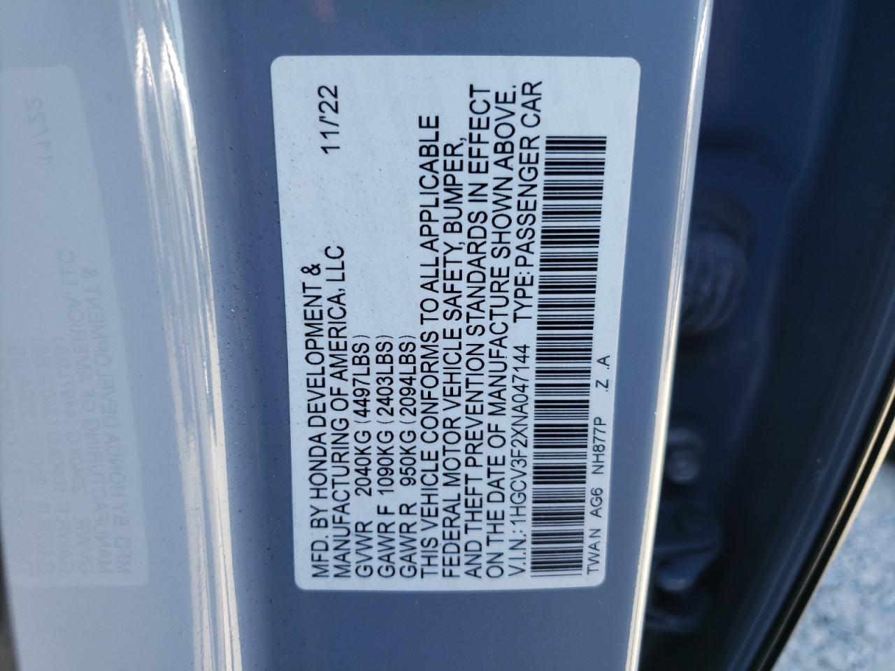 2022 HONDA ACCORD HYBRID SPORT VIN:1HGCV3F2XNA047144