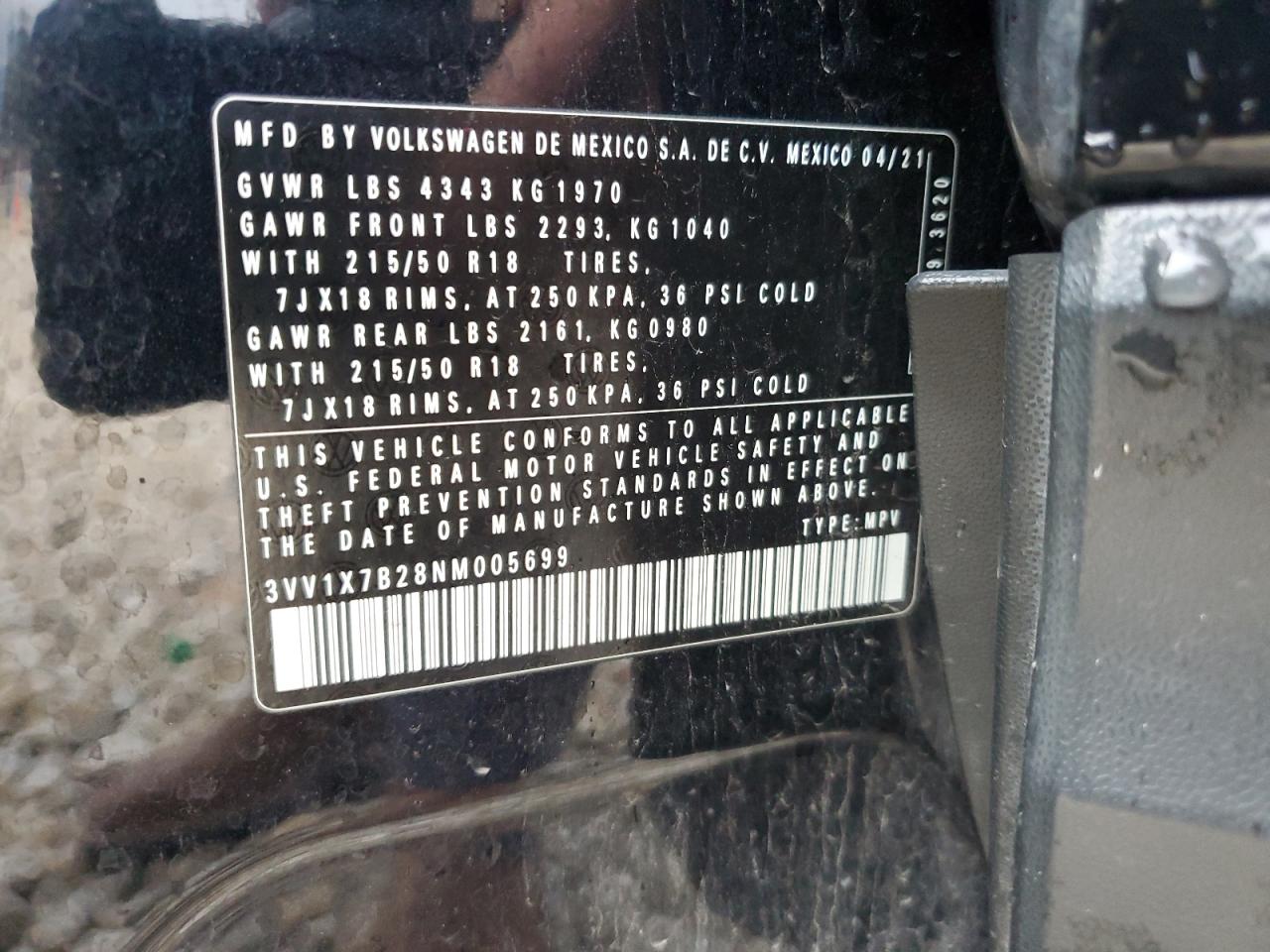 2022 VOLKSWAGEN TAOS SEL VIN:3VV1X7B28NM005699