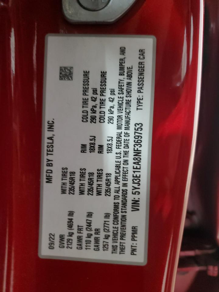 2022 TESLA MODEL 3  VIN:5YJ3E1EA8NF369753