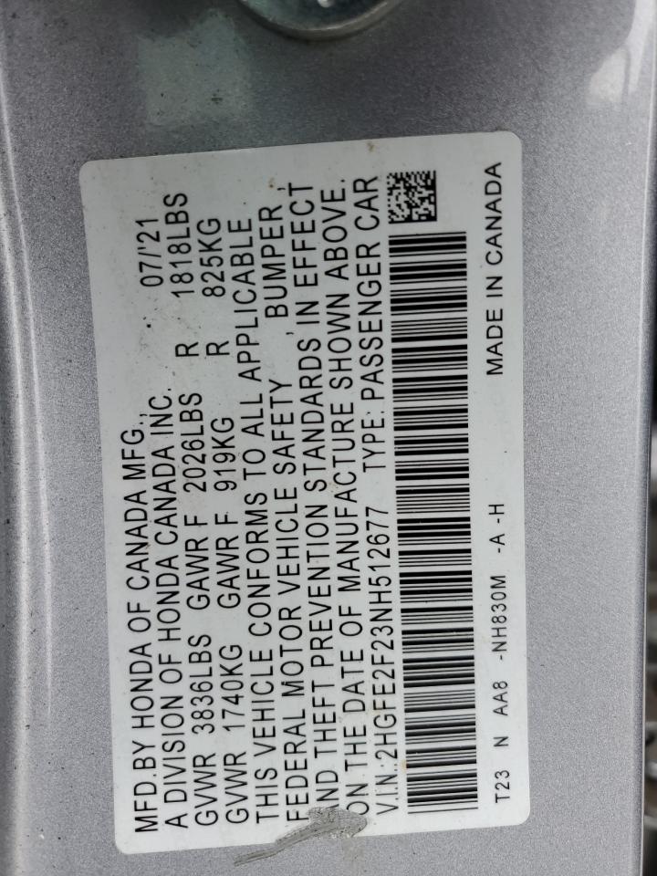 2022 HONDA CIVIC LX VIN:2HGFE2F23NH512677