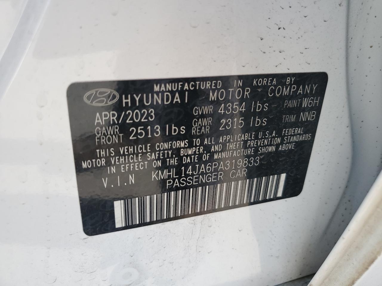 2023 HYUNDAI SONATA SEL VIN:KMHL14JA6PA319833