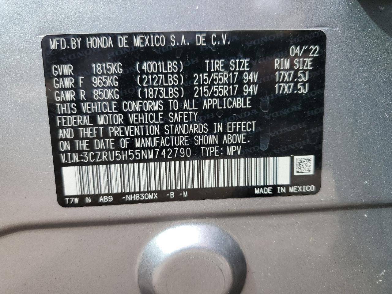 2022 HONDA HR-V EX VIN:3CZRU5H55NM742790