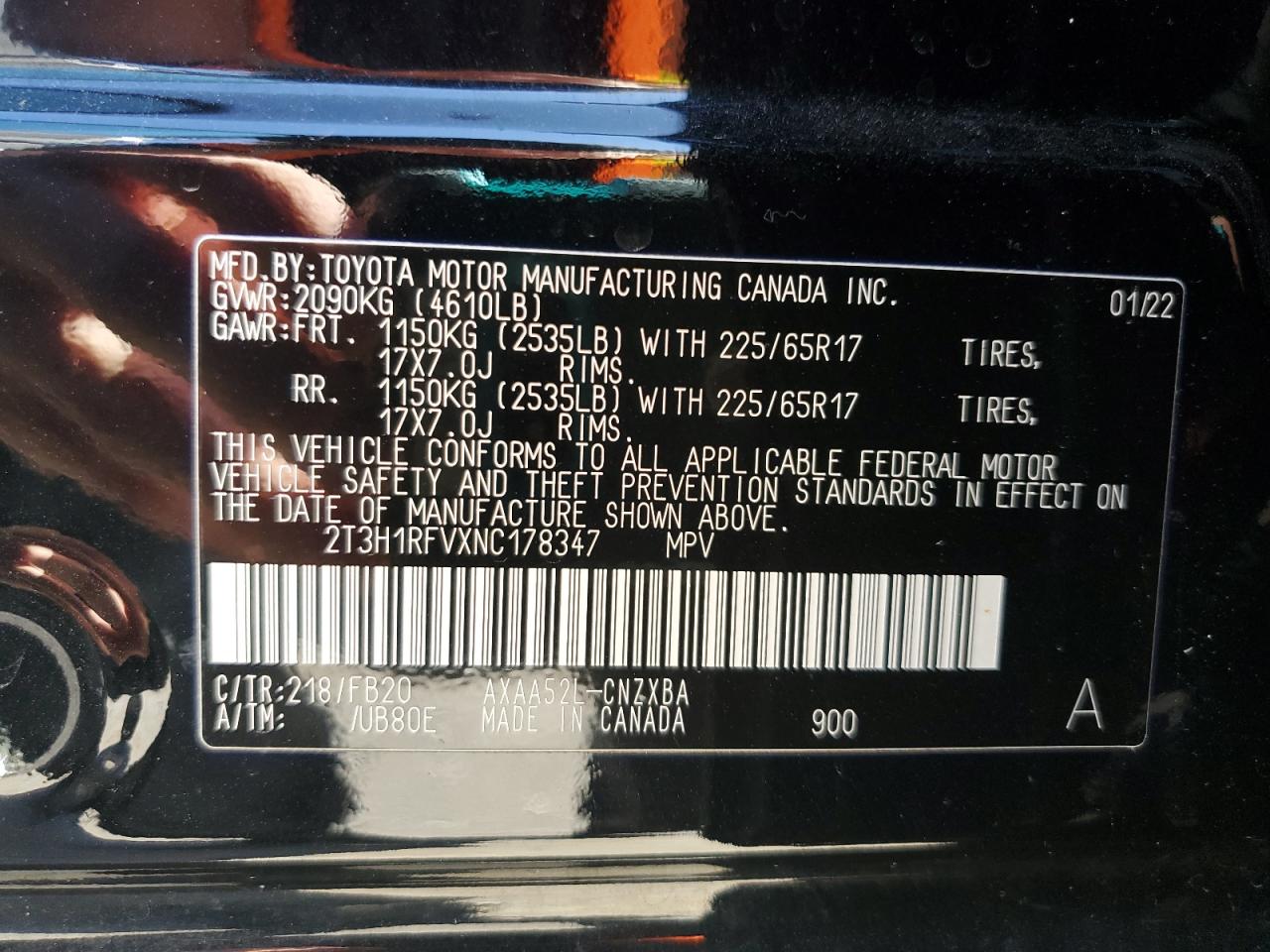 2022 TOYOTA RAV4 LE VIN:2T3H1RFVXNC178347
