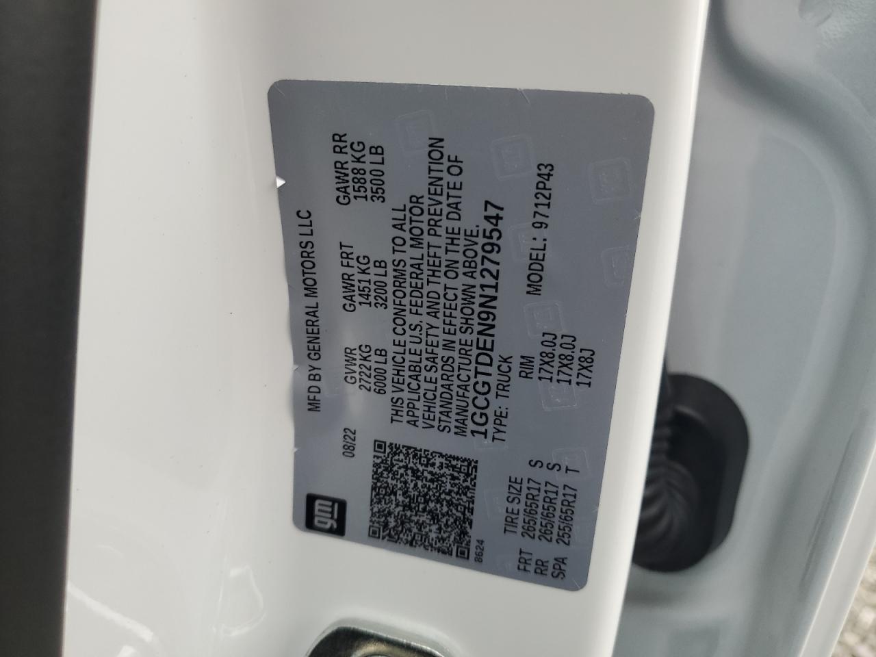 2022 CHEVROLET COLORADO Z71 VIN:1GCGTDEN9N1279547