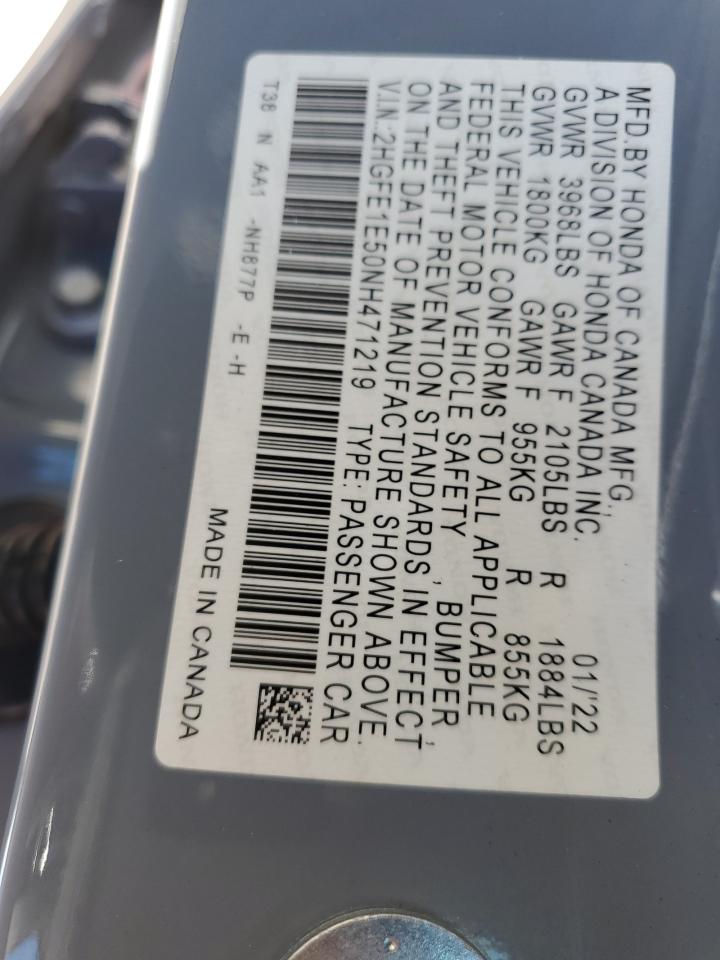 2022 HONDA CIVIC SI VIN:2HGFE1E50NH471219