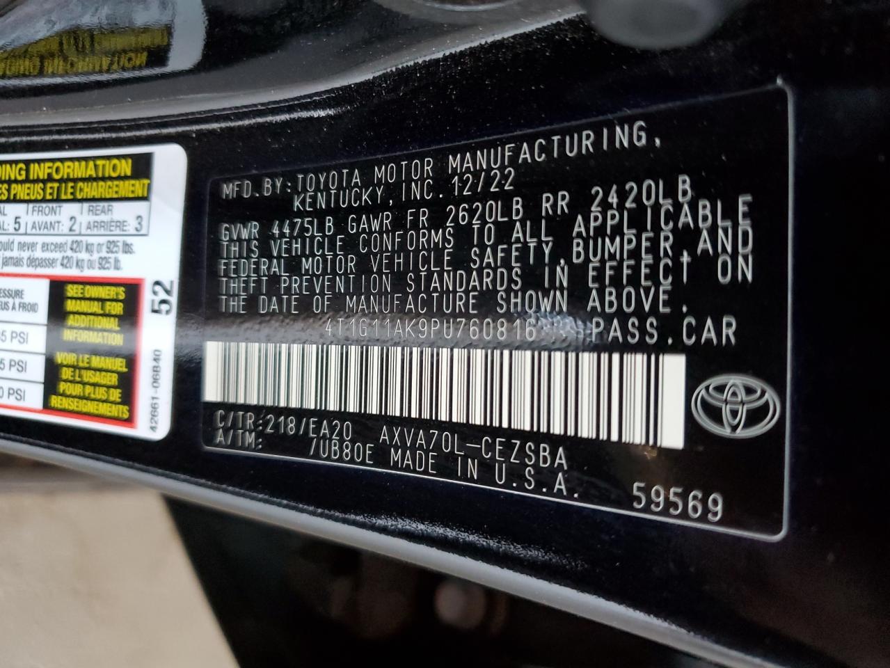 2023 TOYOTA CAMRY SE NIGHT SHADE VIN:4T1G11AK9PU760816
