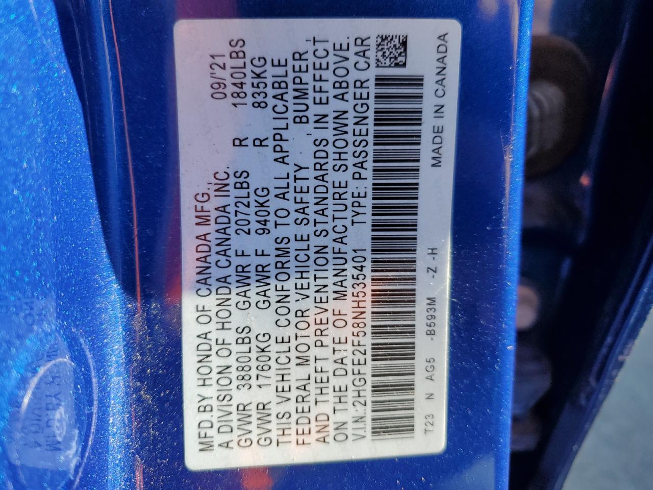 2022 HONDA CIVIC SPORT VIN:2HGFE2F58NH535401